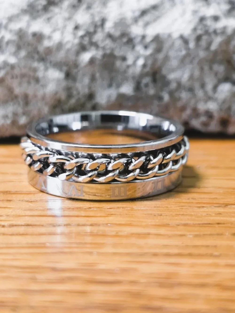 NEW! Stainless Steel Spinner Ring w/Braided Chain Fidget Band & Roman Numerals